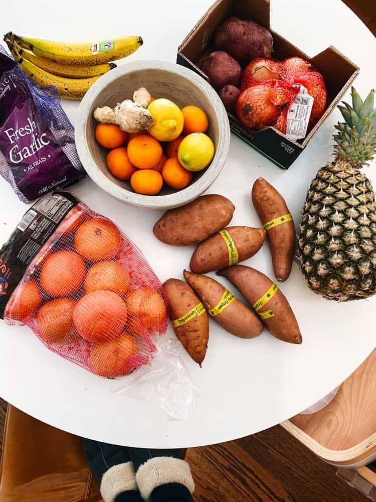 A variety of fruits and vegetables on a table.