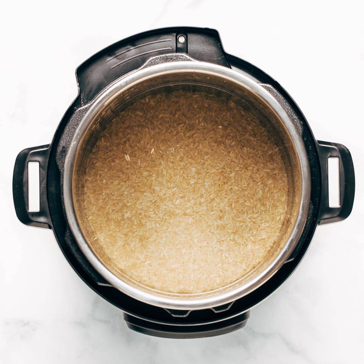 Raw brown rice in the Instant Pot with water.